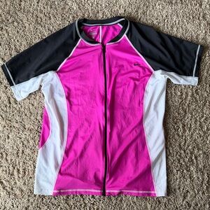 Nike Women’s Pink, Black & White Short-Sleeve Zip Swim Top